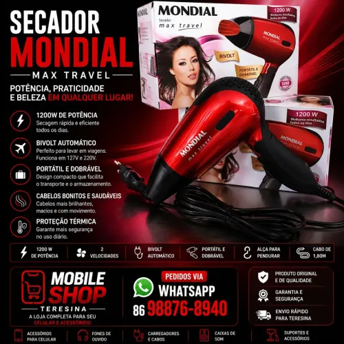 Secador de Cabelo Mondial Max Travel 1200W Bivolt Portátil Dobrável - Novo