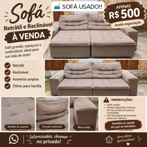 ? SOFÁ RETRÁTIL E RECLINÁVEL À VENDA - R$ 500,00 Sofá grande, espaçoso e confortável