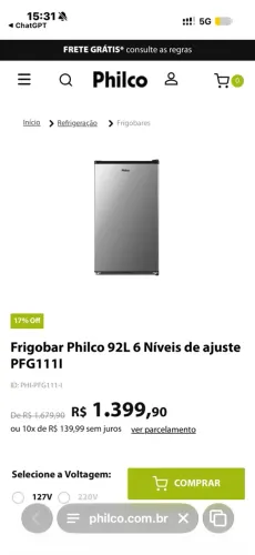 Frigobar Philco Inox 92 Litros - Ótimo Estado