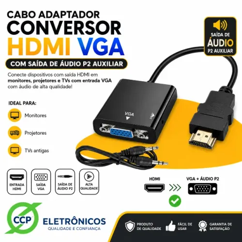 Cabo Adaptador Conversor Hdmi Vga P2 Auxiliar com saída de Áudio O Adaptador conversor HDM