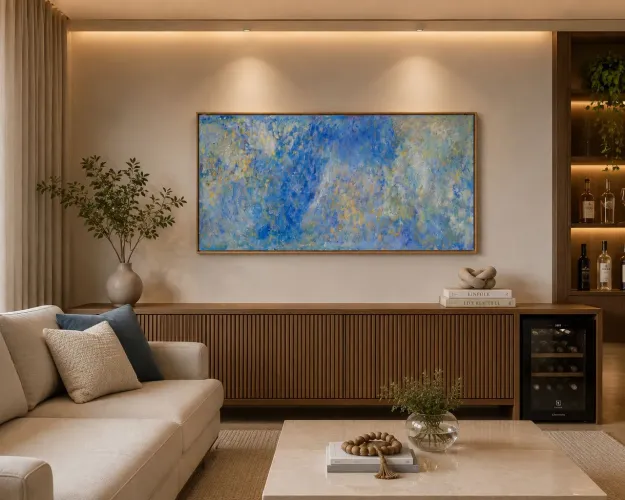 Quadro Decorativo Abstrato "Fluxo" medindo 1m por 40 cm com moldura flutuante