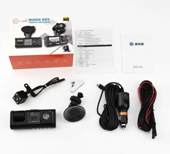 Camera veicular 1080p 3 lentes com tela na caixa