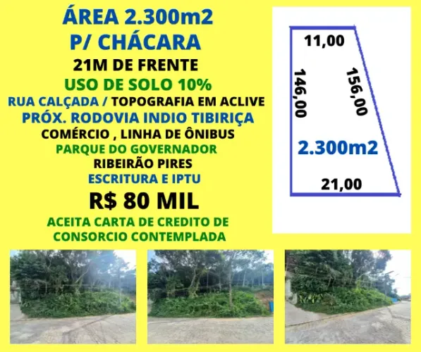 2.300m2 p/ Chácara 21m de frente Fácil acesso Rod. Indio Tibiriça P. Governador R. Pires