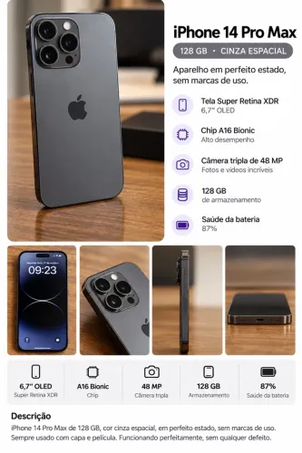 iPhone 14 Pro Max 128GB Cinza Espacial - Impecável - Bateria 87%
