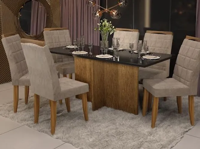 Sala mesa jantar com 6 cadeiras tampo de vidro 