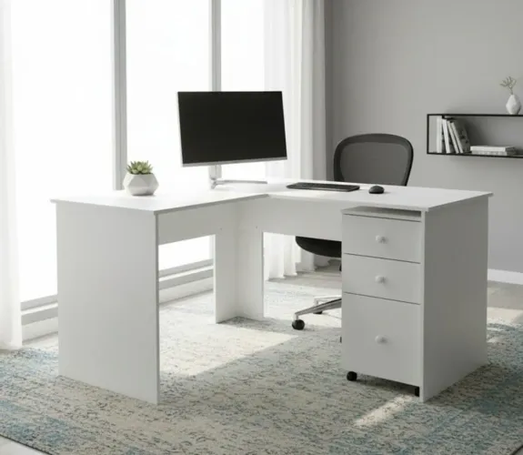 Mesa L com gaveteiro em mdf