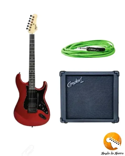 KIT Guitarra Stratocaster Com Efeitos Tagima Sixmart Vermelha C/ Amplificador e Cabo