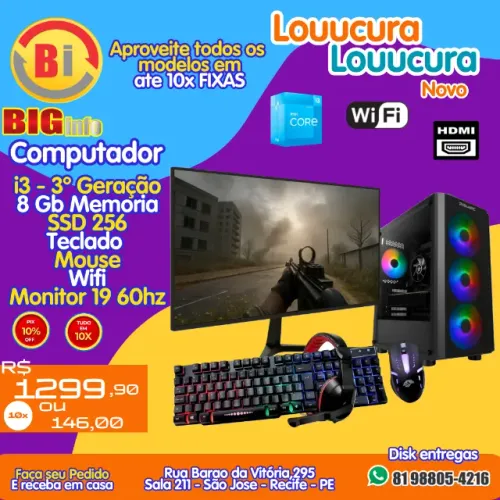 Computador Completo  Intel Core I3, 8GB Ram, SSD 256gb, Bivolt, Monitor 19" LED 