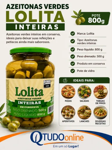 Azeitonas Verdes Inteiras Lolita 500 gr unid. ( a partir de 2 unid R$ 19,99 cada)