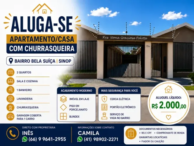 Aluga-se apartamento com 2 quartos e no Bairro Bela Suiça Sinop MT