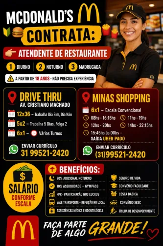 ? CONTRATAÇÃO IMEDIATA  ? MINAS SHOPPING  SEM EXPERIÊNCIA  INÍCIO RÁPIDO