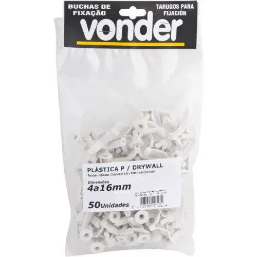Bucha de plástico para fixação de drywall de 4,0 mm a 16,0 mm, com 50 peças, VONDER