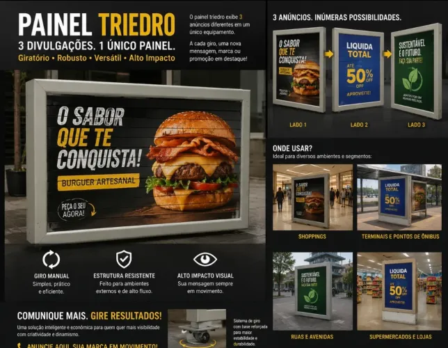 Painel Triedro Publicitário Giratório 3 Faces