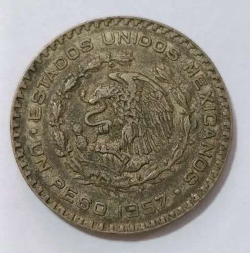 Moeda de 1 Peso Mexicano de 1957, feito com 10% de prata