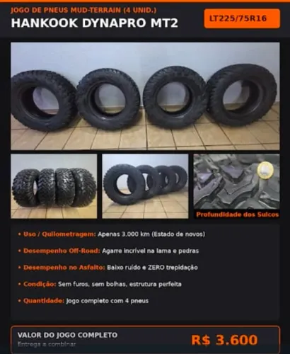 4 Pneus Hankook Dynapro MT2 LT225/75R16 - Semi-Novos (Apenas 3.000 km)