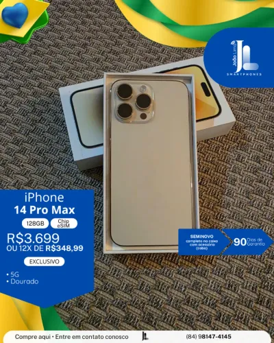 IPHONE 14 PRO MAX, 5G, CHIP ESIM, 128GB, DOURADO, SEMINOVO, EXCLUSIVO!