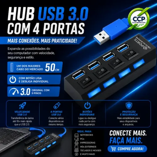 Hub Usb 3.0 4 Portas Com Chave
