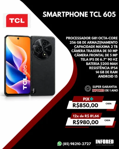 Smartphone TCL 605 256GB - 14GB RAM, Tela 6.7?