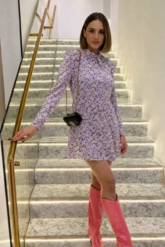 Vestido Zara Floral Lavanda Cetim Manga Longa XS