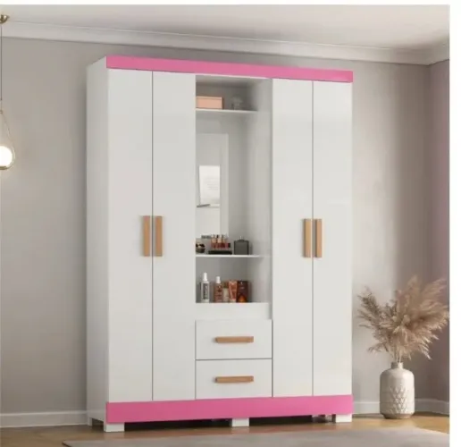 Roupeiro Capelinha 4 Portas e 2 Gavetas atual - Branco/New Rosa