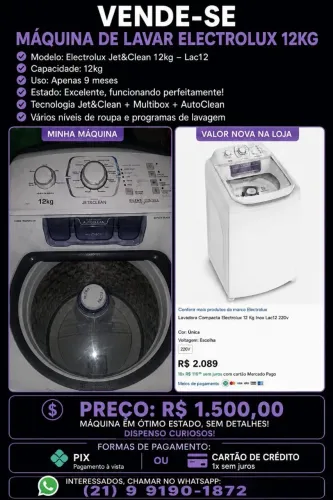Máquina de lavar roupa Eletrolux 12kg Semi-nova. *CEITO CARTÃO DE CRÉDITO*?
