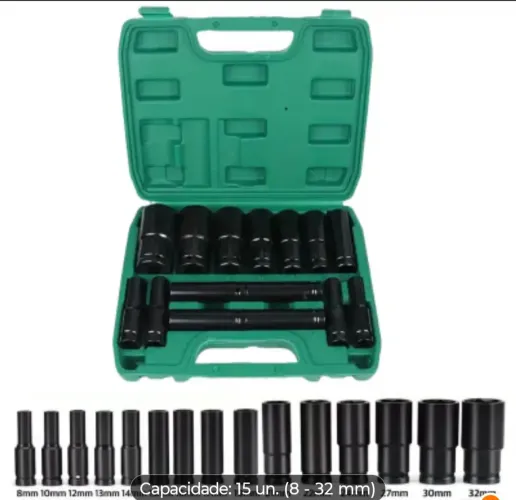 15PCS Jogo de soquetes de impacto longo 1/2 Pol. 8mm - 32mm