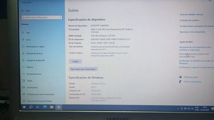 Notebook Samsung/SSD 120 Gig/Mem 4 Gig/Tela 14 polegadas