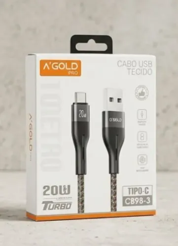 Cabo USB Tipo-C Reforçado em Tecido 20W Turbo A'Gold CB98-3 - 1 Metro Novo