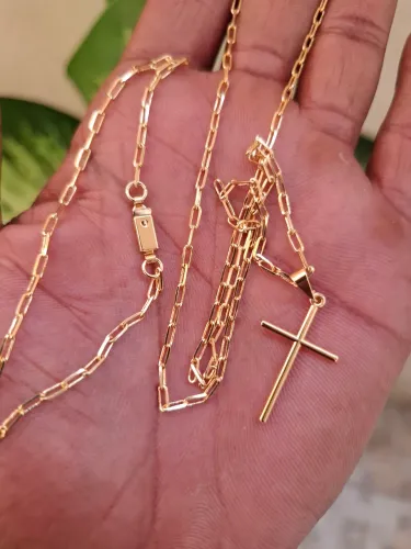 Cordão Tijolinho 2mm + Pingente Cruz Banhado a Ouro 18k