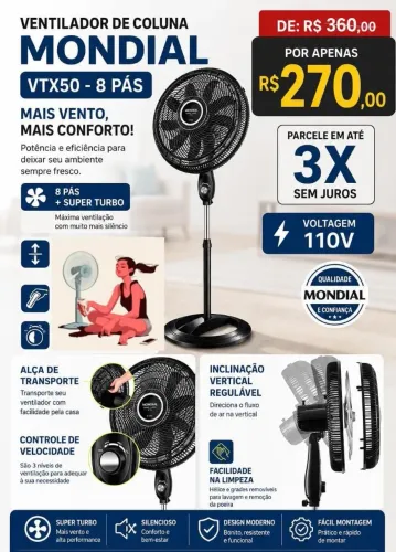 Ventilador Mondial VTX 50 8 Pás 