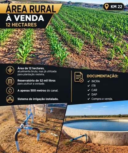 12 hectares com todas documentação oportunidade área 22, reserva de 52mil litros