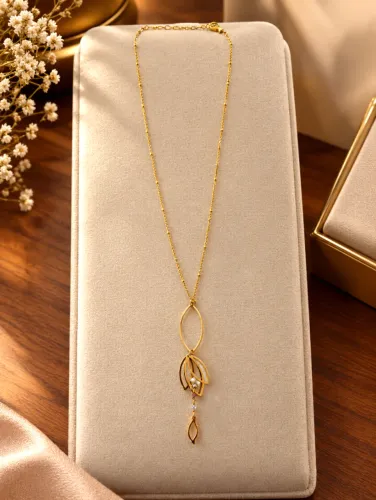 Colar Feminino Dourado Pendente Folhas e Pérola - Bijuteria Fina