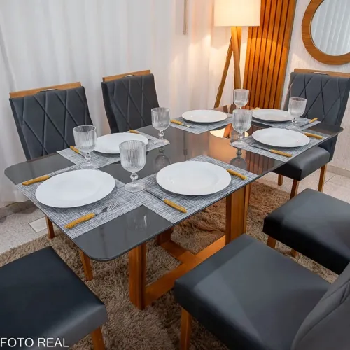 Mesa de Jantar Pedro 160×80 Vidro Grafite/Base Madeira + 6 Cad. Lisboa Veludo Cinza