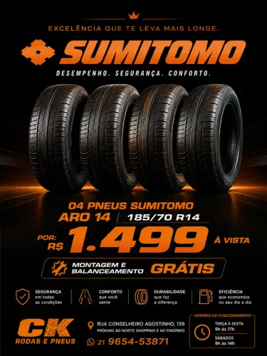 Jogo 04 Pneus Aro 14 Sumitomo 185 x 70 BC20_Montagem Grátis_Aceito Cartão*