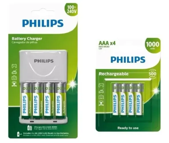 Carregador Philips Com 4 Pilha AA e 4 Pilha AAA Super Kit