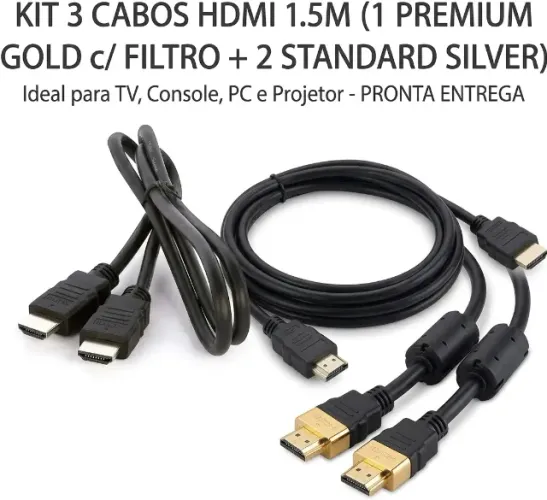 Kit 3 Cabos HDMI 1.5m - Gold & Silver (Blindados com Filtro) 4K Full HD