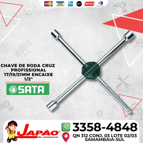 Chave de Roda Tipo Cruz Profissional 17 x 19 x 21mm com Encaixe 1/2" Sata ST48101ST