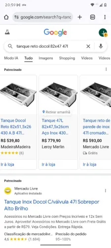 Tanque 47L 82x47,5x26cm Aço Inox 430 Docol