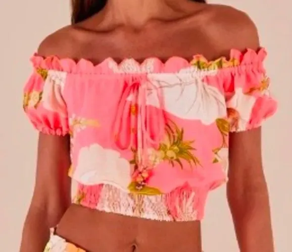 Blusa Farm cropped ciganinha floral neon 