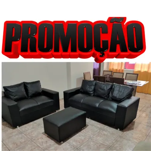Sofá Couro Sintético 3 e 2 Lugares + Puff - Novo Direto da Fábrica