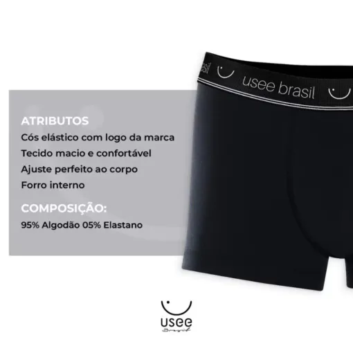 Cueca Box Preta Kit com 5 Algodão Boxer