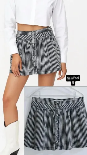 Saia Jeans Listrada com Botões - Tamanho G