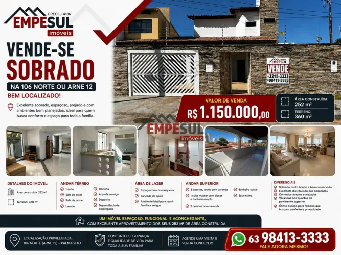 Vendo Sobrado na 106 Norte ou Arne 12