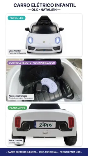 Carrinho Elétrico Infantil Zippy Porsche Branco 6V C/ Controle Remoto - Natal