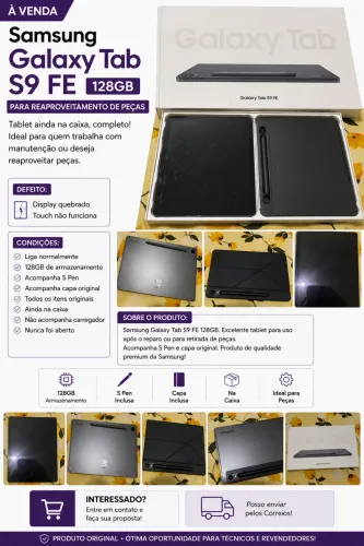 Samsung Galaxy Tab S9 FE 128GB | Display Quebrado | Para Peças | Com S Pen e Capa