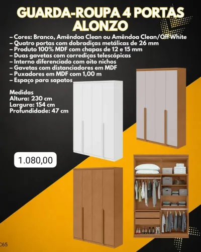 Guarda roupas 4 portas Alonzo 100% MDF 3 cores disponíveis / pague na entrega