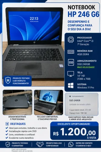 Notebook HP 246 G6, 4gb de ram, i3-7020U, SSD 240gb