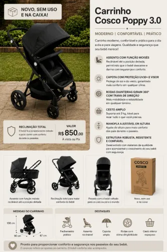 Carrinho Cosco Poppy 3.0 + Moisés Novo ? R$ 850,00