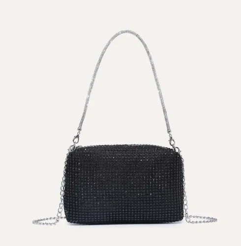 Bolsa de festa preta com alça de strass e alça de corrente - NOVA