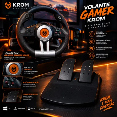 ? Volante Gamer KROM + Pedais ? Mais controle e imersão nas suas corridas!
